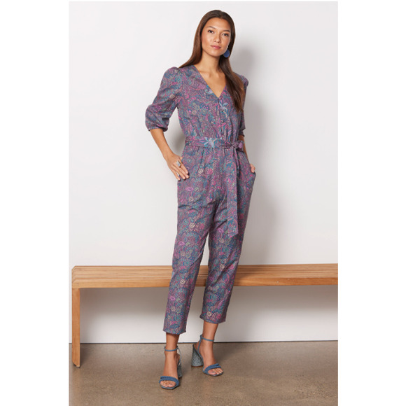 EVEREVE NWT Ember V Neck Multicolor Print Cotton Blend Tie Waist Jumpsuit// M